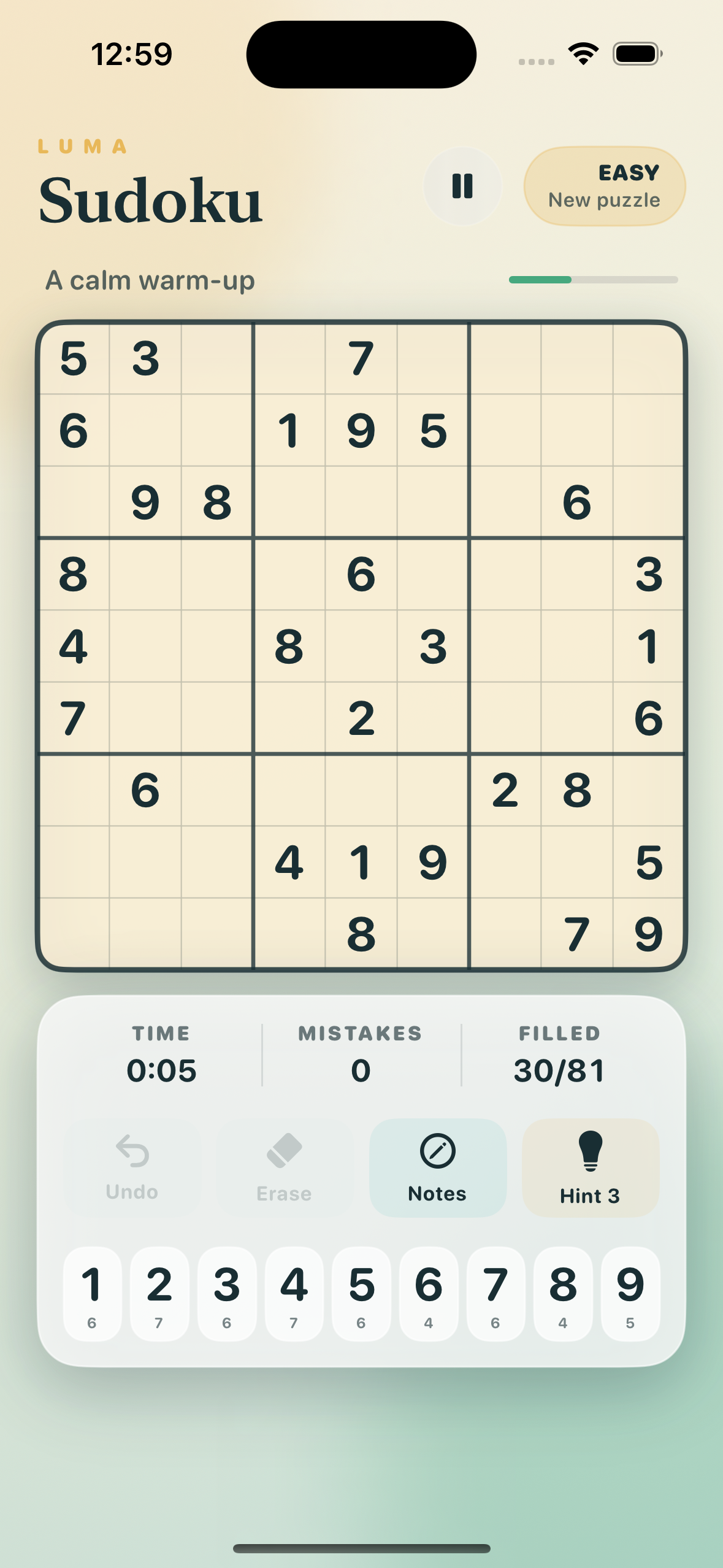 Luma Sudoku game screen with an ivory Sudoku board